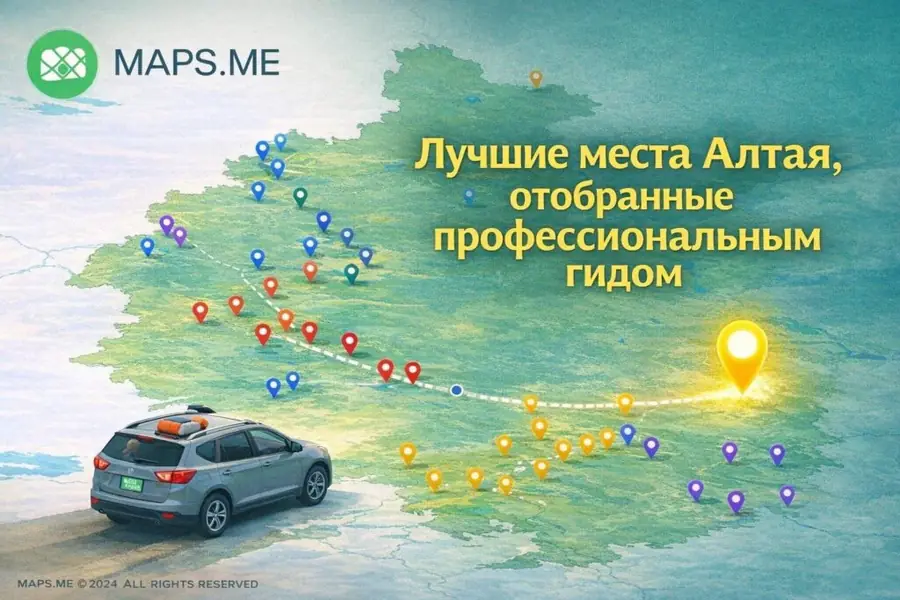 Карта достопримечательностей Горного Алтая в приложении Maps.me — 80 отмеченных точек