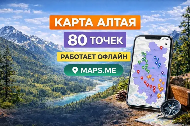 Точки карты Алтая на экране телефона в приложении Maps.me